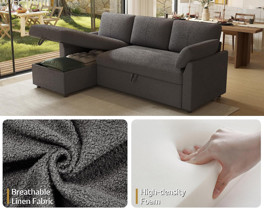 AMERLIFE Sofa Bed, Sleeper Sofa- 2 in 1 Pull Out Couch Bed with Storage Chaise for Living Room, Guest Room, Boucle Dark Grey