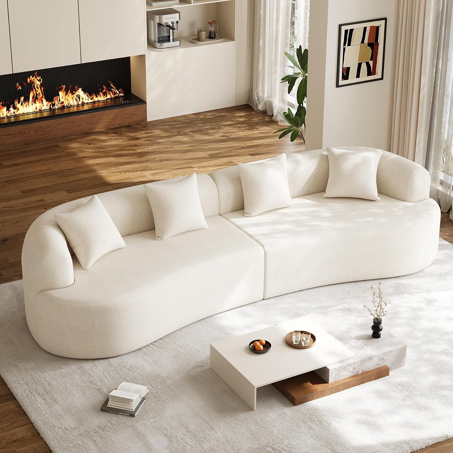131' Oversized Sectional Sofa for Living Room, Modern Luxury Plush Chenille 4-Seater Extra Deep & Wide Seat Curved Cloud Couch with 4 Throw Pillows, No Assembly Needed, Cream White