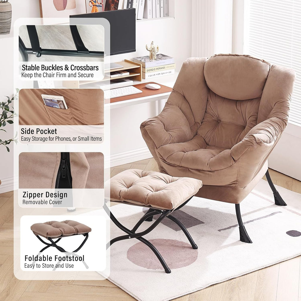 Furlide Lazy Chair with Ottoman, Modern Accent Chair with Armrests and a Side Pocket, Velvet Khaki Accent Chairs, Reading Chairs, Oversized Armchairs for Bedroom, Study, Living Room, Courtyard