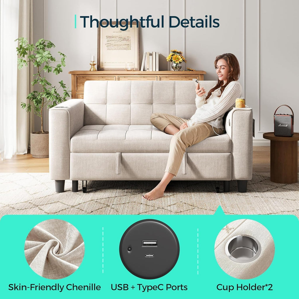 LINSY Sleeper Sofa Bed, 54' Pull Out Couch with Charging Station & Cup Holder, Small 3 in 1 Convertible Loveseat Sleeper Couch for Apartment, Dorm Room, Bedroom and Small Space(Chenille Beige)
