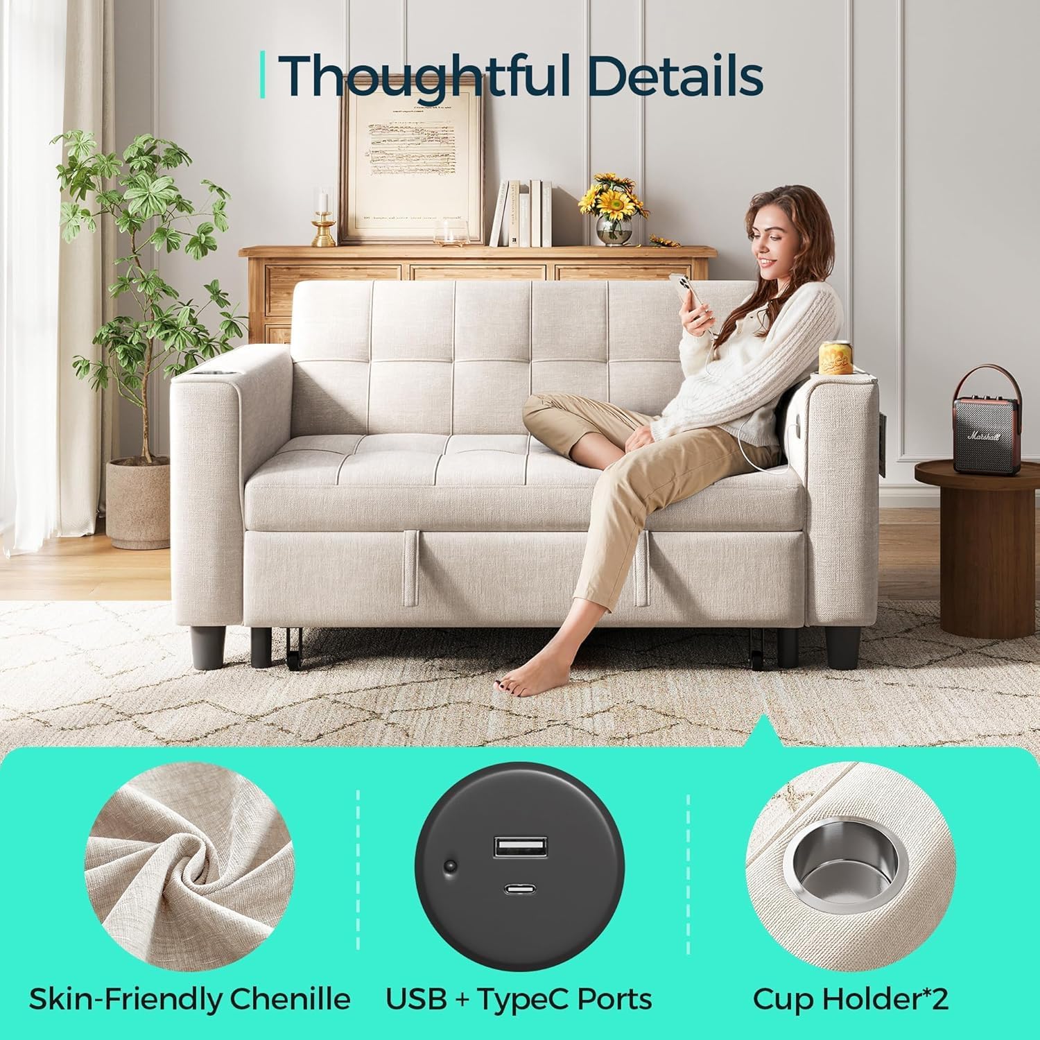 LINSY Sleeper Sofa Bed, 54' Pull Out Couch with Charging Station & Cup Holder, Small 3 in 1 Convertible Loveseat Sleeper Couch for Apartment, Dorm Room, Bedroom and Small Space(Chenille Beige)