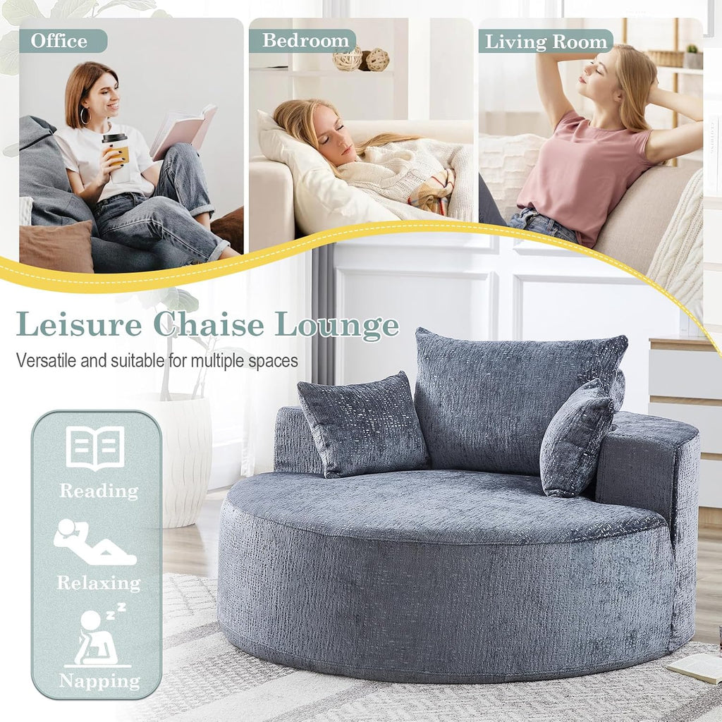 Oversized Round Chaise Longue Chair Indoor, Modern 55-inch Upholstered Chenille Deep Seat Circle Single Cloud Lounge Floor Sofa Chair for Living Room, Bedroom Apartment, Grey