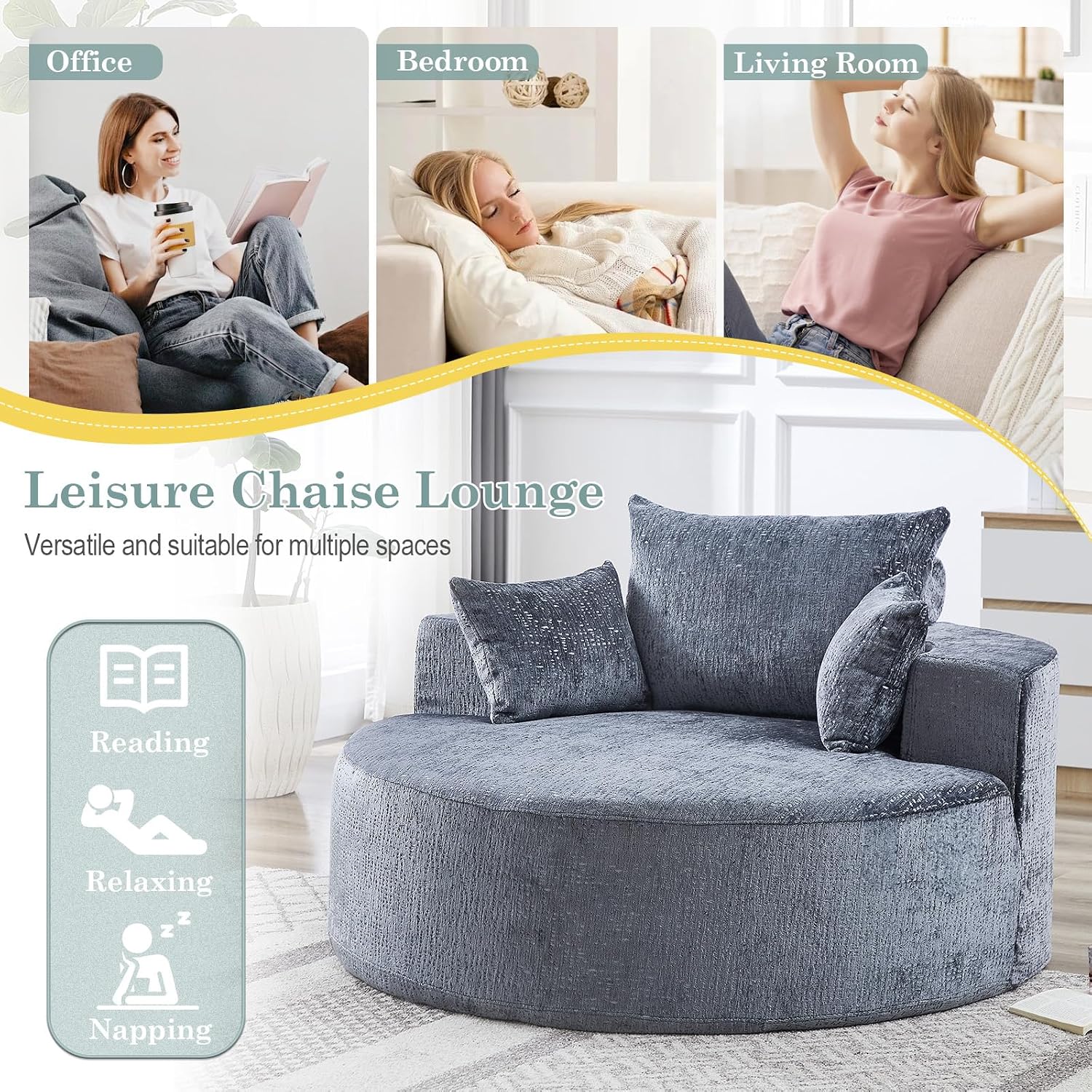 Oversized Round Chaise Longue Chair Indoor, Modern 55-inch Upholstered Chenille Deep Seat Circle Single Cloud Lounge Floor Sofa Chair for Living Room, Bedroom Apartment, Grey