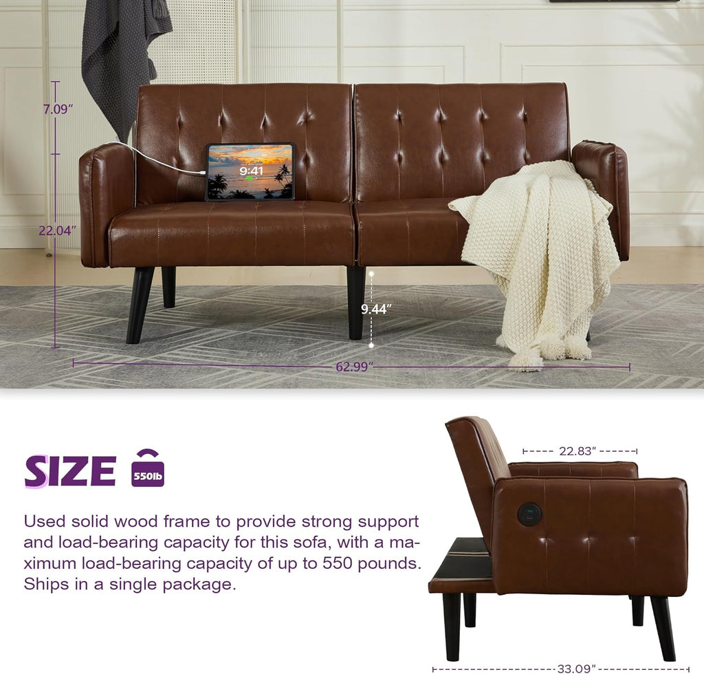 TYBOATLE 65' Convertible Futon Sofa Bed w/ 2 USB,Tufted Small Adjustable Folding Couch Loveseat, Modern Mid Century Faux Leather Sleeper Sofa for Living Room, Bedroom,Office, Brown