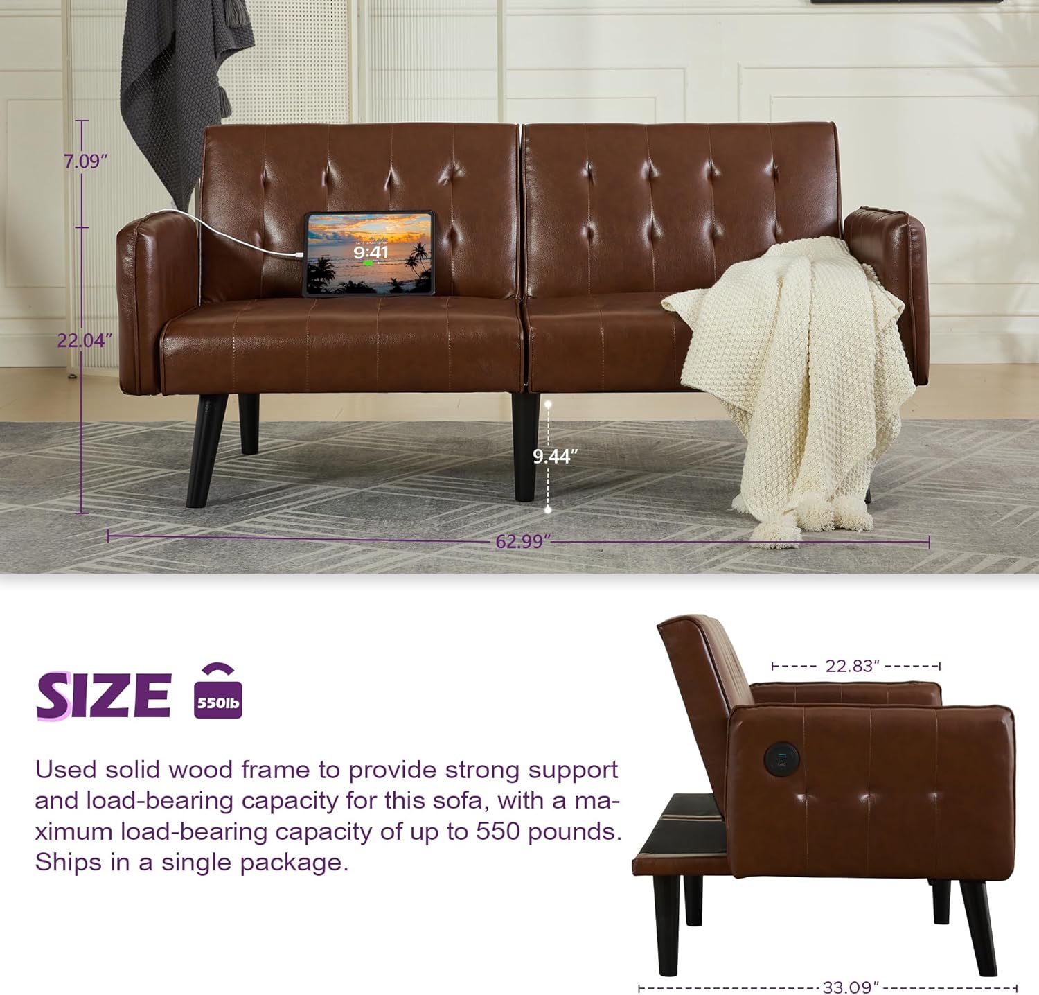 TYBOATLE 65' Convertible Futon Sofa Bed w/ 2 USB,Tufted Small Adjustable Folding Couch Loveseat, Modern Mid Century Faux Leather Sleeper Sofa for Living Room, Bedroom,Office, Brown