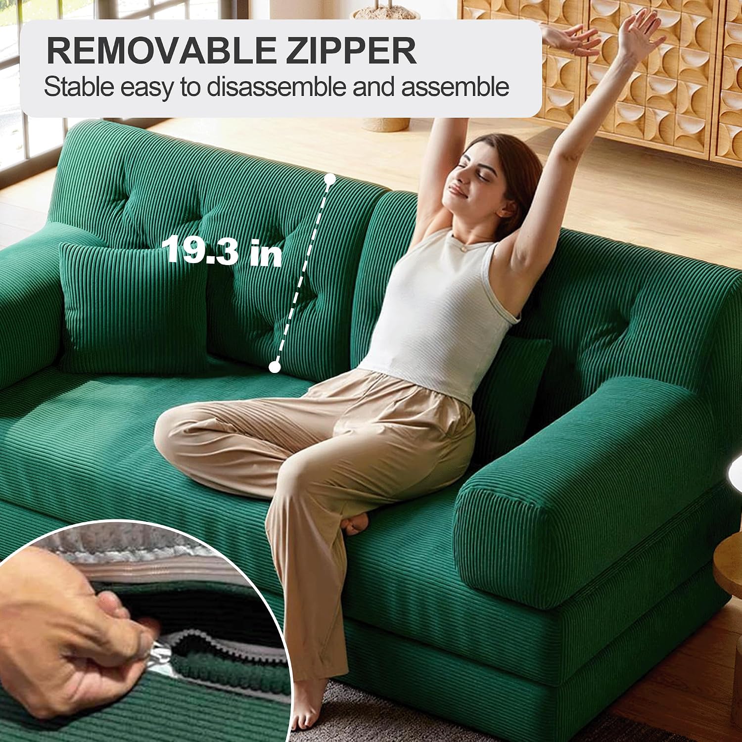 5-in-1 Folding Convertible Sofa Bed, Loveseat Sleeper with Pull-Out Bed, Floor Sofa Modular Futon Couch, 79' Oversized Corduroy Upholstered Boneless Couch for Living Room, Bedroom, Lounge, Green-C