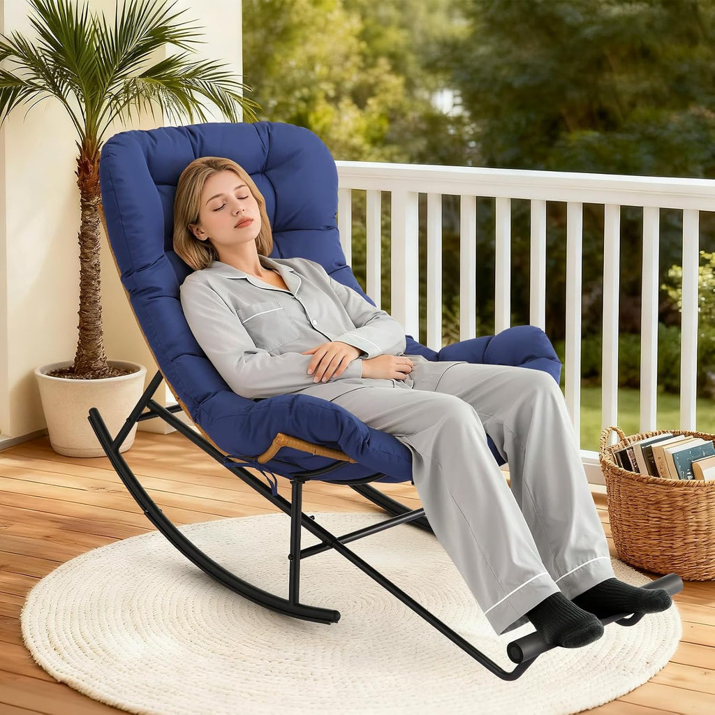 Garvee 2PCS Papasan Rocking Chair with Foot Rest, Oversized Papasan Chair with Thick Removable Cushion and Metal Frame, Lounge Chairs and PE Rattan Rocker for Patio, Porch, Garden, Lawn, Living Room