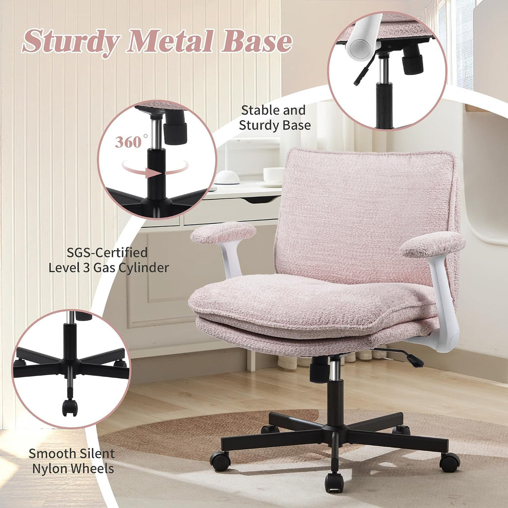 Kassipo Criss Cross Legged Office Chair with Wheels and Flip-Up Arms, Upholstered Criss Cross Desk Chair, Wide Seat Chairs for Home Office, Vanity, Apartment, Pink