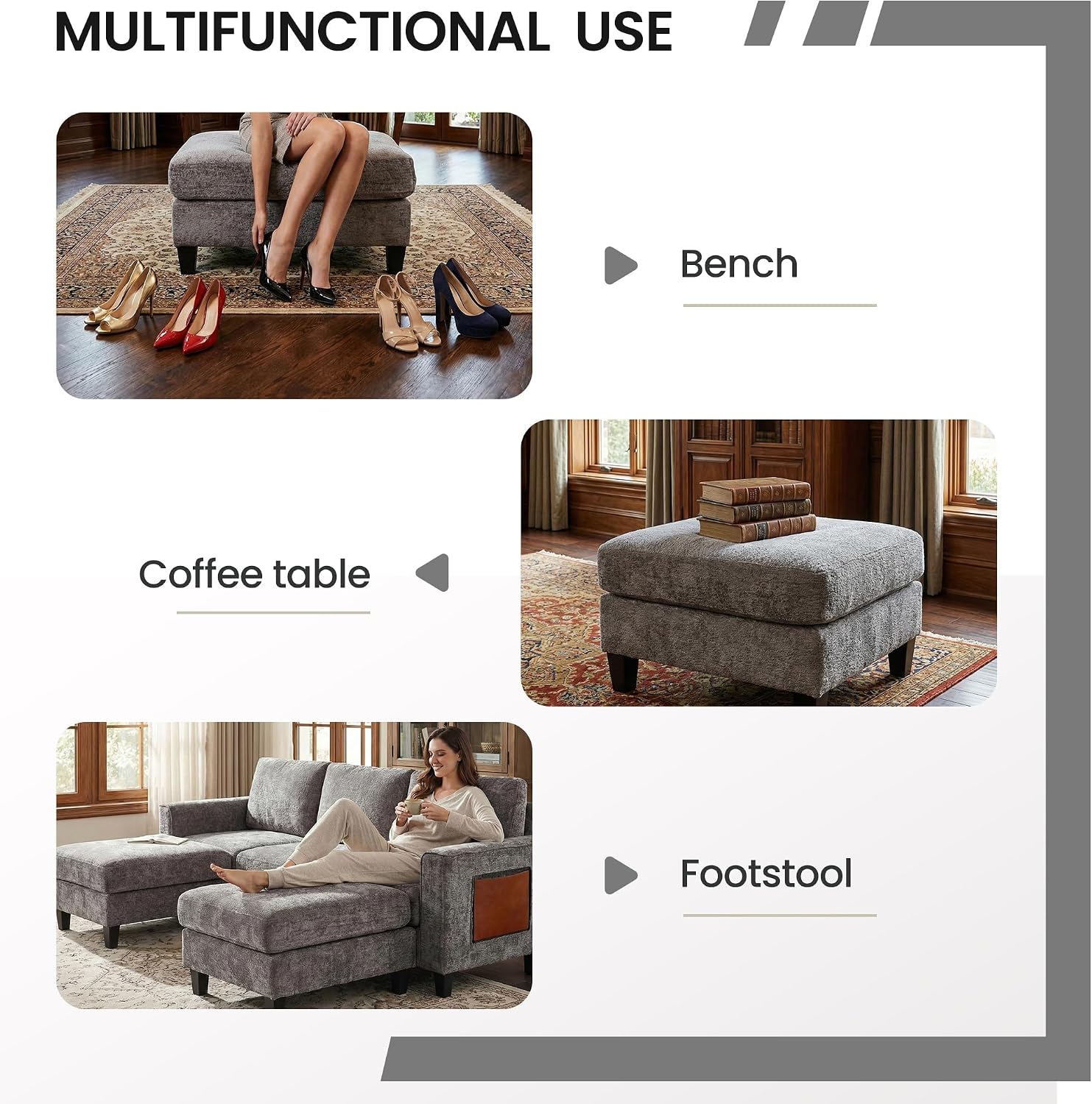 MALOL 118' Sectional U-Shaped Cloud Couch, Modular Modern 4-Seat Sofa, with USB Type C Ports, Foldable Side Table and 2 Ottomans, for Home Living Room, Grey