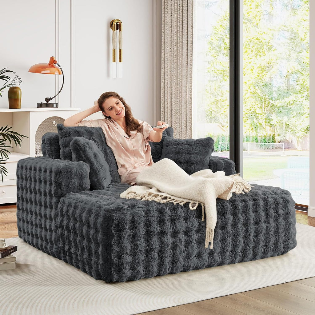 JEEOHEY 56' W Oversized Chaise Lounge Chair Indoor,Plush Faux Fur Sleeper Couch Sofa Bed with Pillows,Fluffy Comfy Cloud Sofa,Compression Foam Boneless Couch for Living Room,Bedroom(Bubble, Grey)