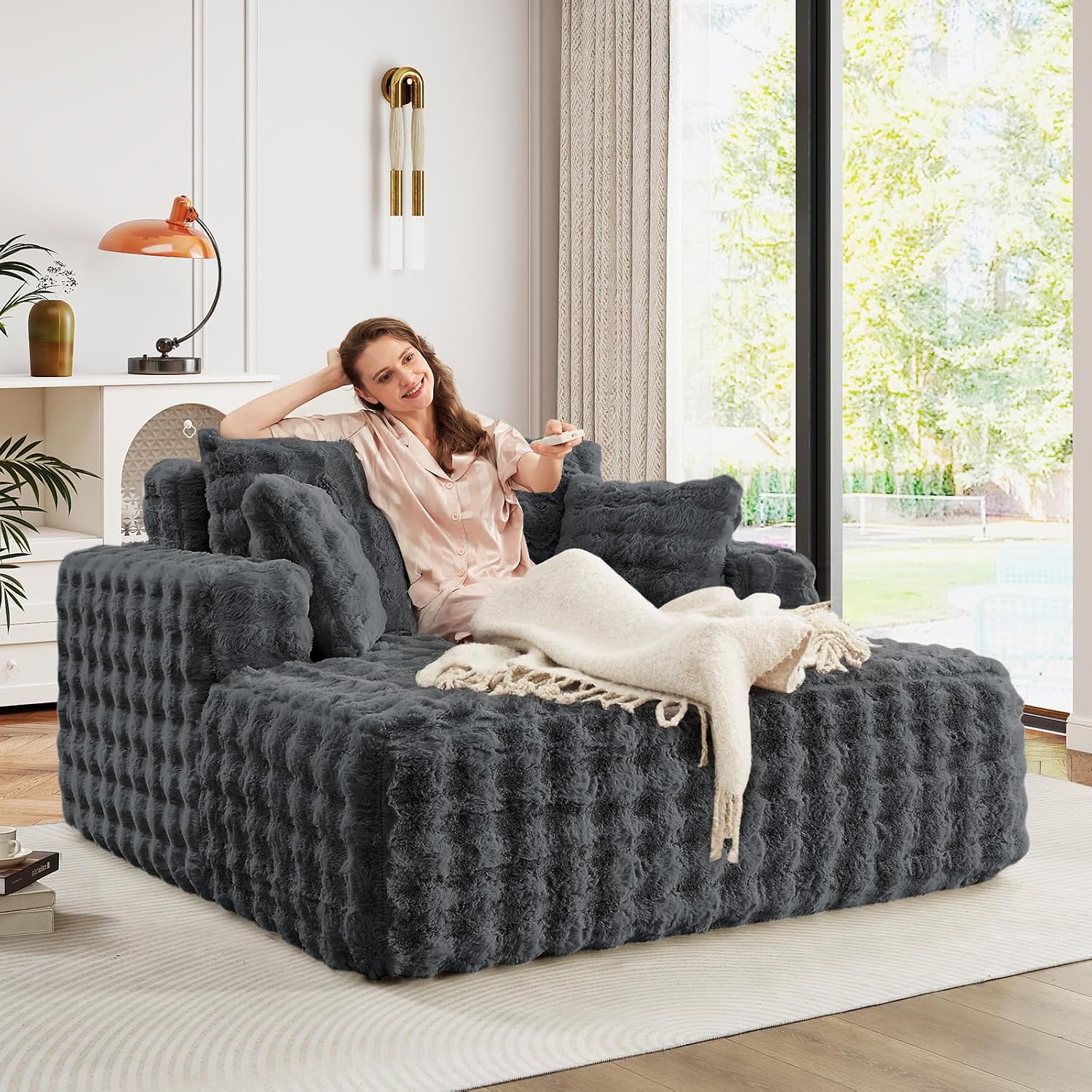 JEEOHEY 56' W Oversized Chaise Lounge Chair Indoor,Plush Faux Fur Sleeper Couch Sofa Bed with Pillows,Fluffy Comfy Cloud Sofa,Compression Foam Boneless Couch for Living Room,Bedroom(Bubble, Grey)