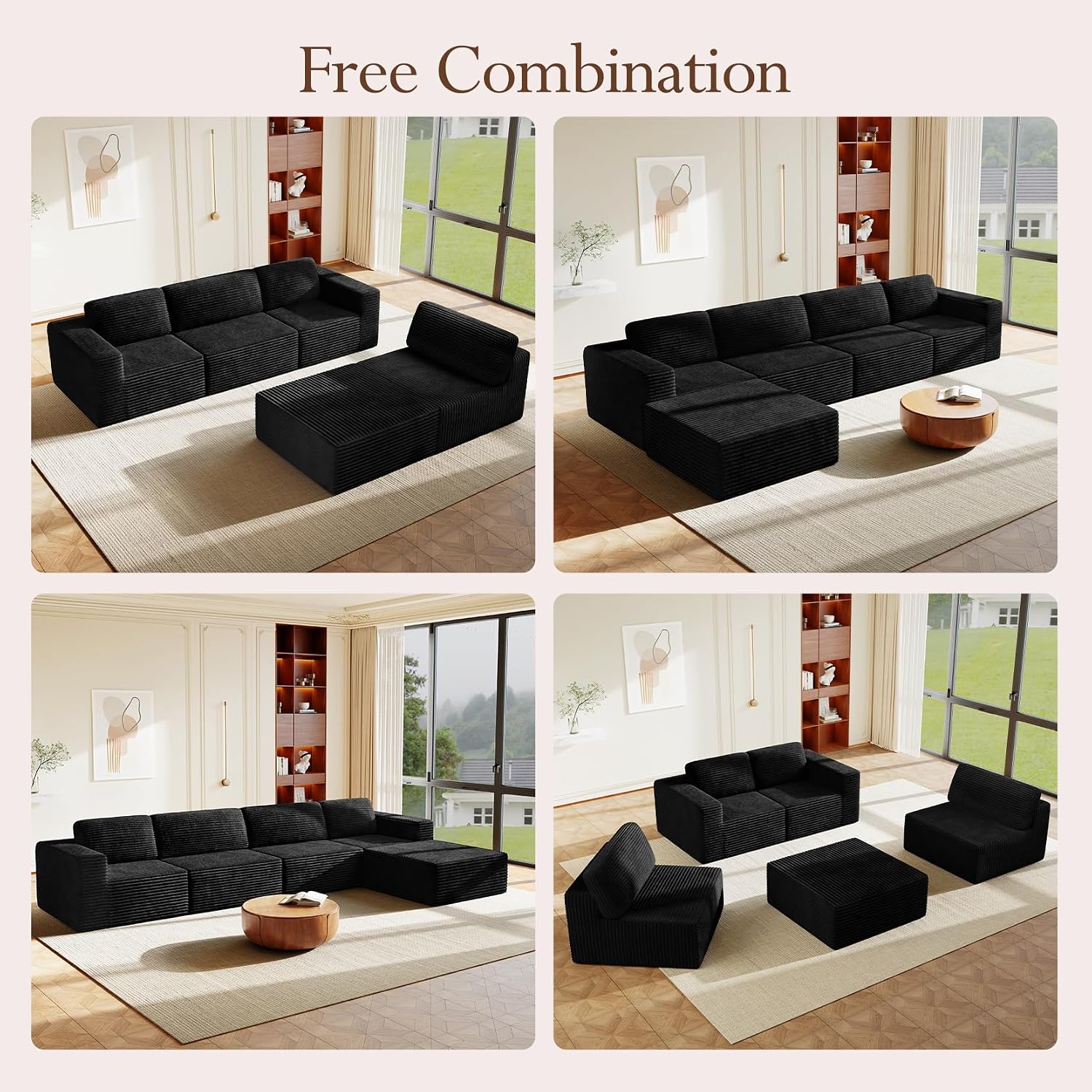 Vesgantti 159' Large Modular Sectional Sofa, L-Shaped Corduroy Cloud Couch with Deep Seats & Spring Support, 4-Seater Boneless Sofa with Movable Ottoman, No Assembly Needed, Black