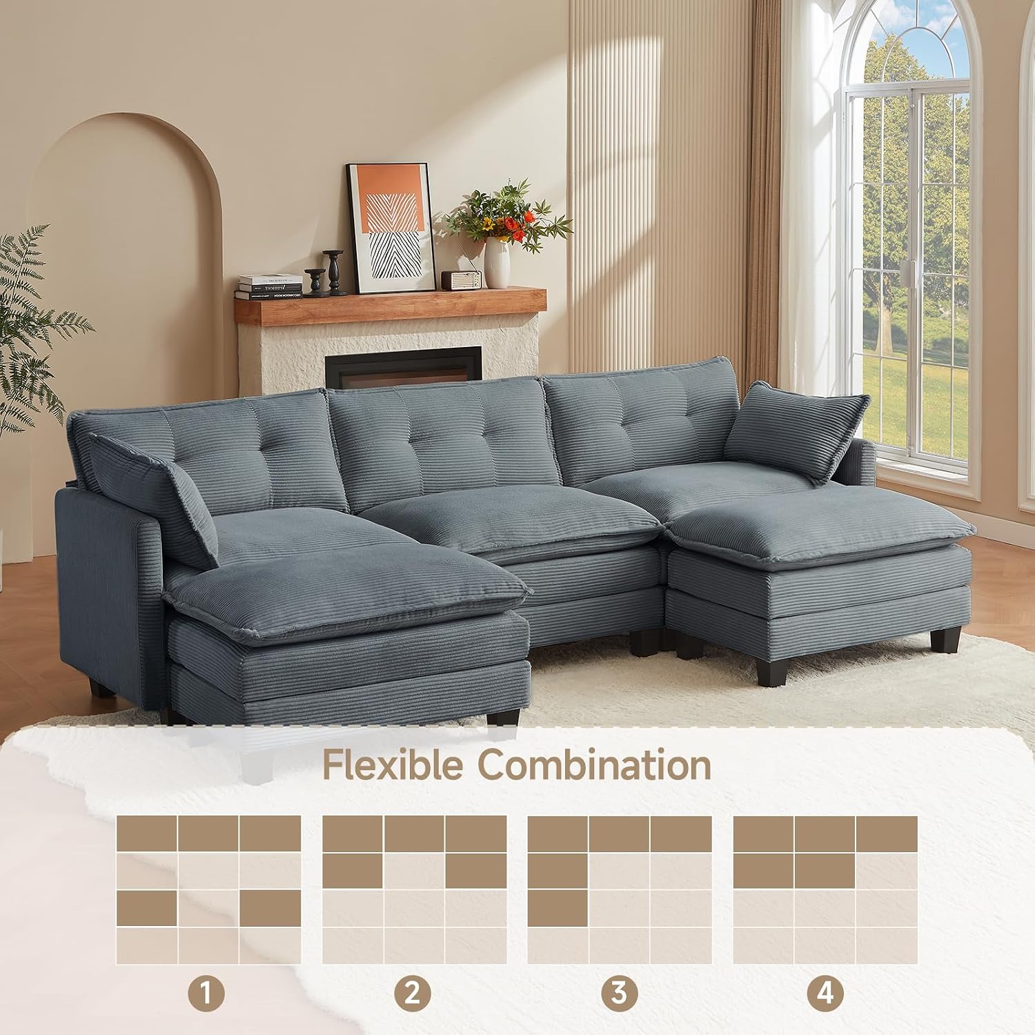 Amsleekey Modular Sectional Sofa, 111.5' U-Shaped Corduroy Comfy Sectional Couches for Living Room, 3-Seater Cloud Couches with 2 Movable Ottomans, Flexible Combination Modern Deep Seat Sofa (Grey)