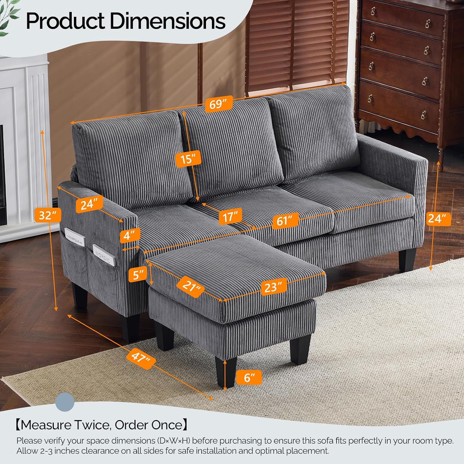 VINGLI 68.5' L Shaped Couch with Movable Storage Ottoman, Convertible Sectional Sofa in Soft Corduroy Fabric, Modern Reversible Chaise Couch for Small Spaces, Apartment, Living Room，Grey