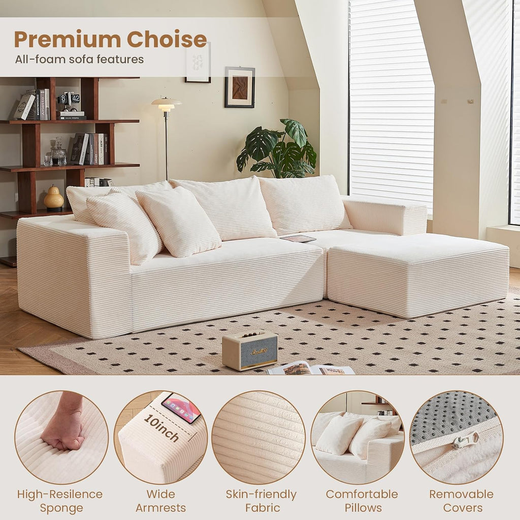 108' L-Shaped Boneless Couch, Modular Sectional Sofa with Moveable Ottoman, Corduroy Cloud Couches for Living Room, No Assembly, Ship in a Box, Beige