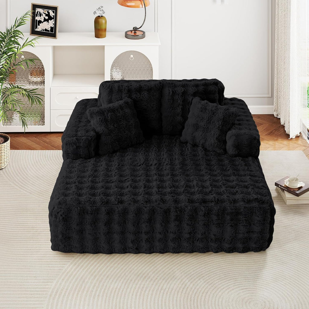 JEEOHEY 56' W Oversized Chaise Lounge Chair Indoor,Plush Faux Fur Sleeper Couch Sofa Bed with Pillows,Fluffy Comfy Cloud Sofa,Compression Foam Boneless Couch for Living Room,Bedroom(Bubble, Black)