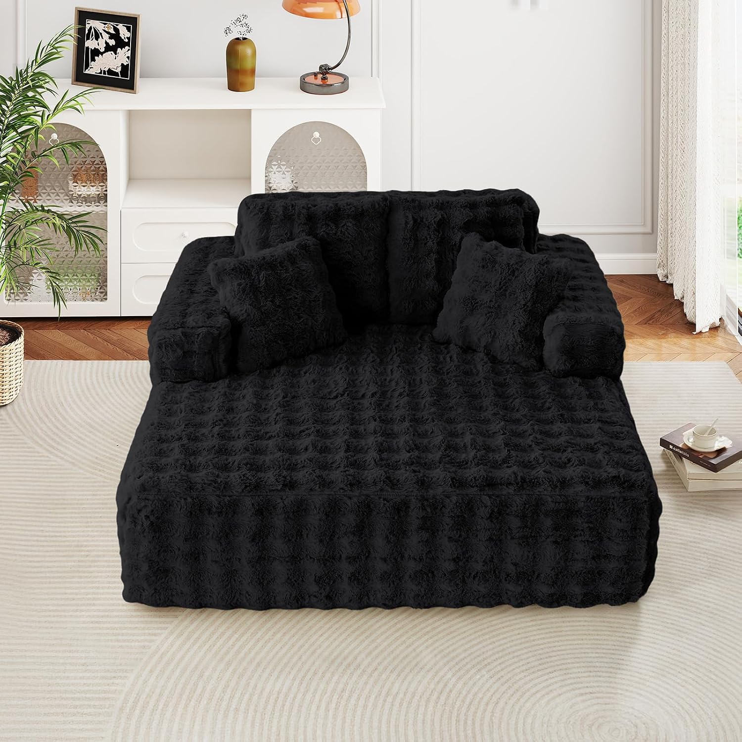 JEEOHEY 56' W Oversized Chaise Lounge Chair Indoor,Plush Faux Fur Sleeper Couch Sofa Bed with Pillows,Fluffy Comfy Cloud Sofa,Compression Foam Boneless Couch for Living Room,Bedroom(Bubble, Black)