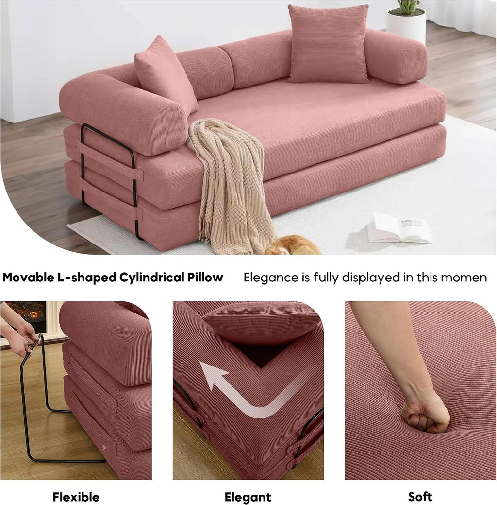 ZEIINPA 78.5 Inch Convertible Sleeper Sofa Bed, 5 in-1 Boneless Floor Couch Bed with Fixed-Shape Frame, Modular Futon Couch for Living Room, Apartments, RV Studio, Bedroom, Small Spaces, Pink