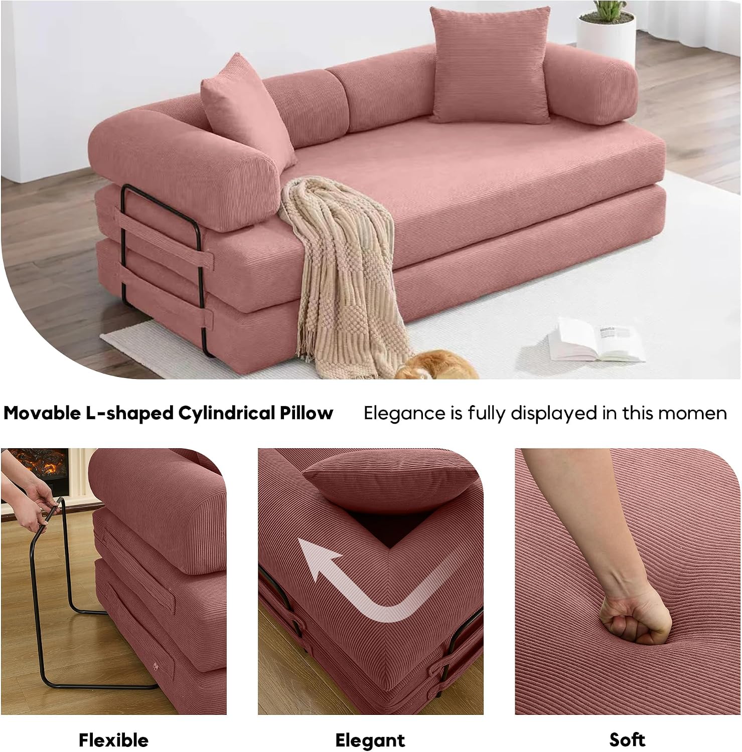 ZEIINPA 78.5 Inch Convertible Sleeper Sofa Bed, 5 in-1 Boneless Floor Couch Bed with Fixed-Shape Frame, Modular Futon Couch for Living Room, Apartments, RV Studio, Bedroom, Small Spaces, Pink