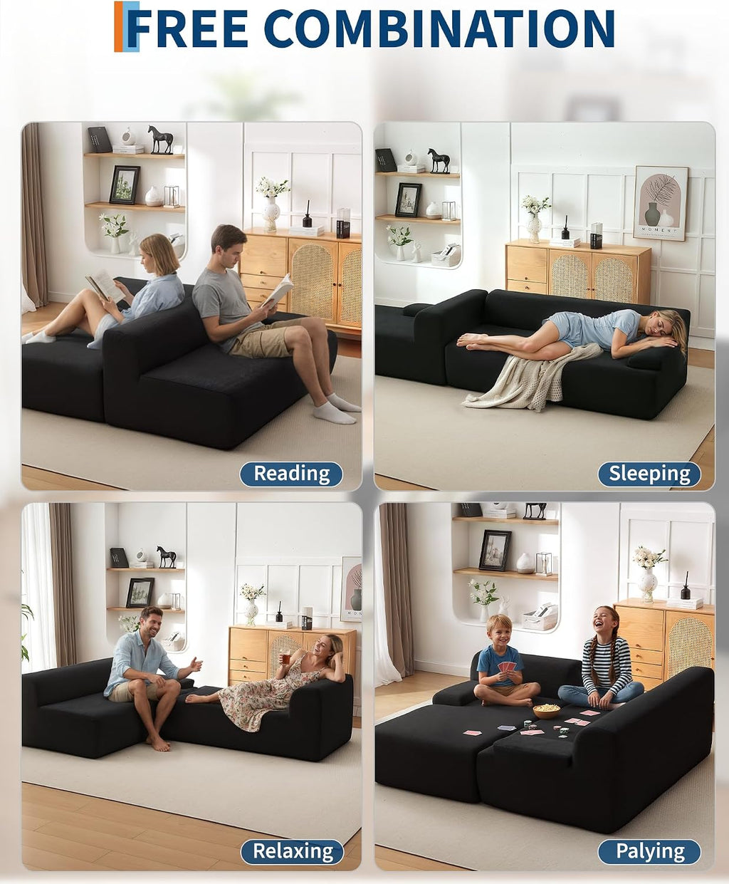108' Cloud Sectional Couch with Chaise - Super Fluffy Boneless Sofa, Ultra Soft Corduroy L Shaped Couch Bed, Creates Cozy Atmosphere. Perfect Comfy Couches for Living Room, No Assembly Required, Black