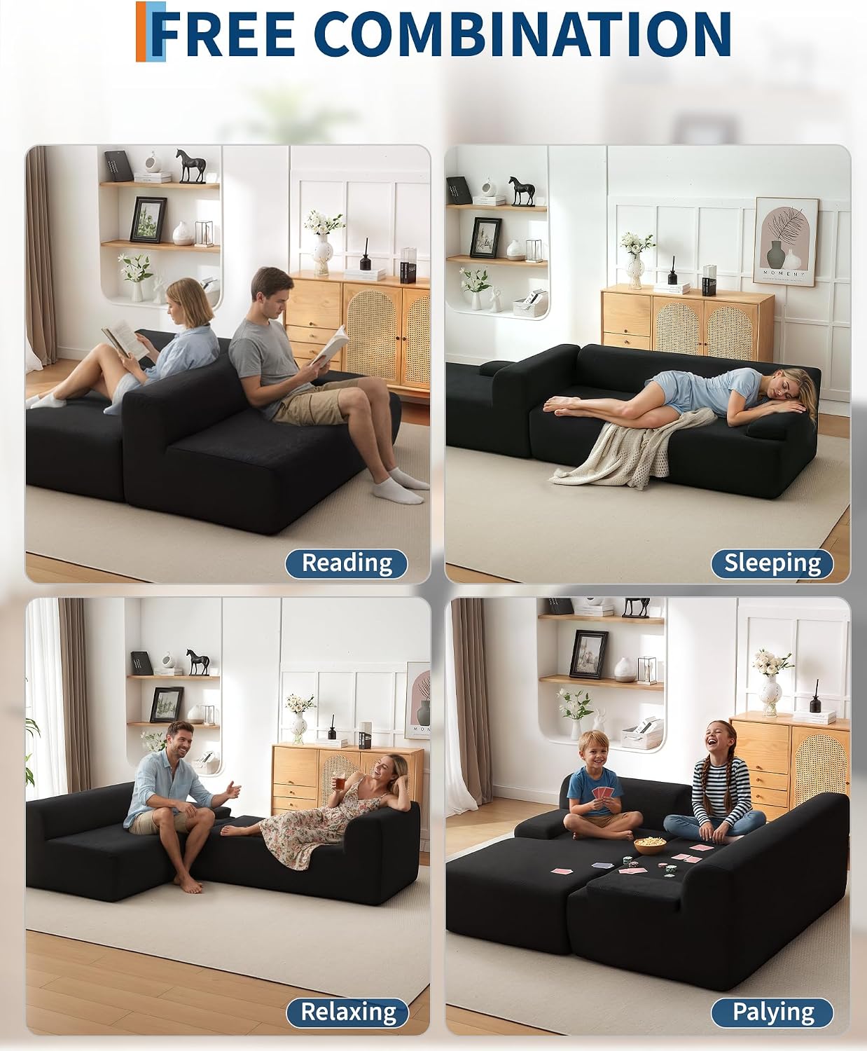 108' Cloud Sectional Couch with Chaise - Super Fluffy Boneless Sofa, Ultra Soft Corduroy L Shaped Couch Bed, Creates Cozy Atmosphere. Perfect Comfy Couches for Living Room, No Assembly Required, Black
