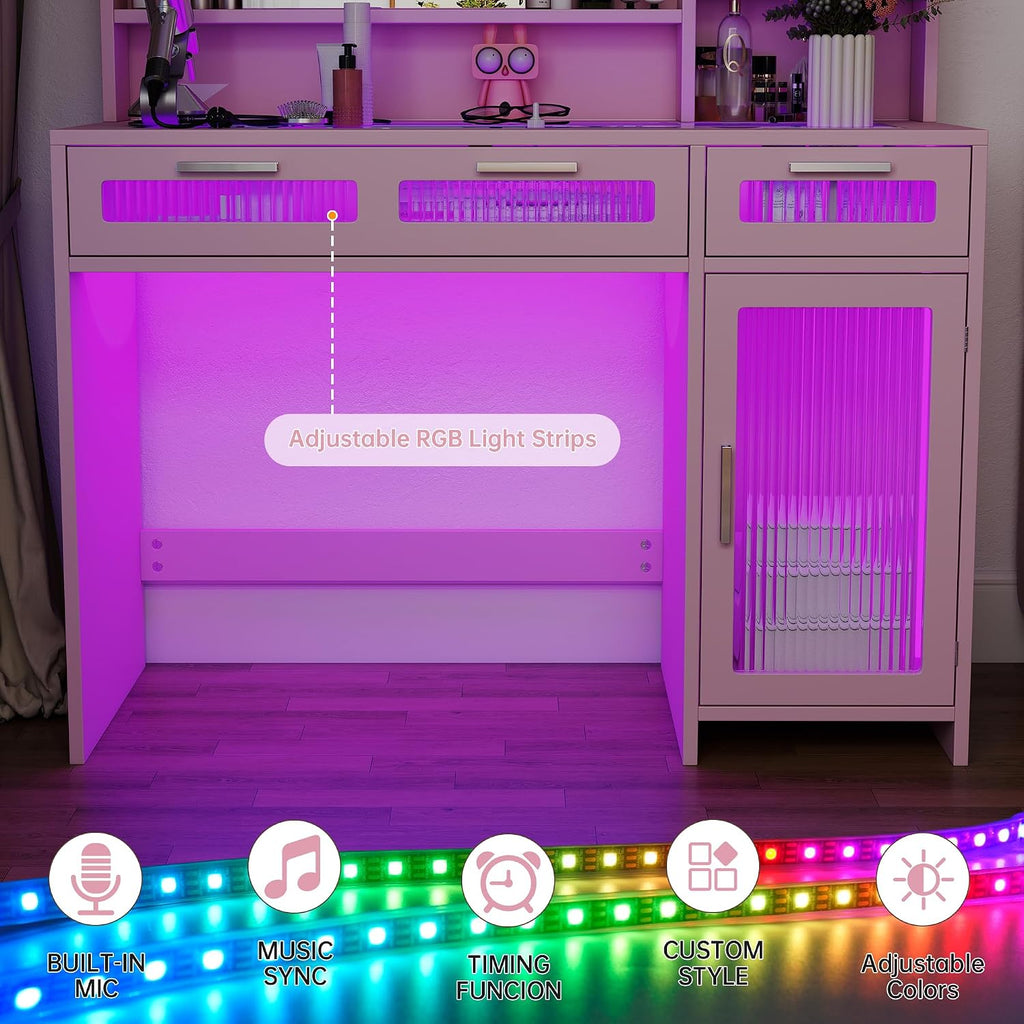 Hadulcet Pink Vanity Desk with Mirror and Lights, 43' Makeup Vanity Desk with Glass Top, Power Outlets, 2 Drawers, 10 Shelves & Acrylic Cabinet, LED Vanity Table for Girls Women Gift