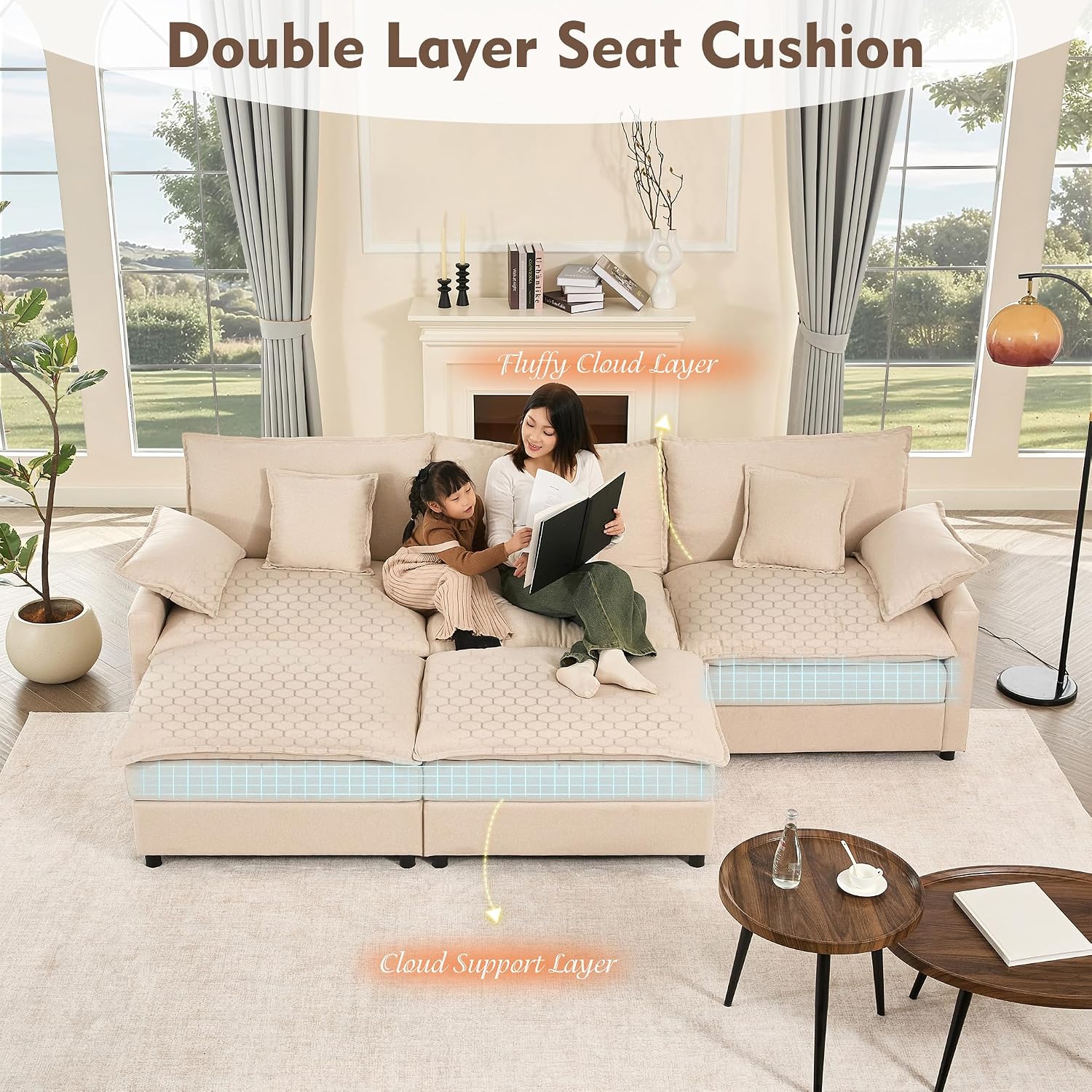 GOSUHI 108' U Shaped Couch, Modular Sectional Sofa, 3-Seater Comfy Cloud Couch, Set of Modular Pieces with Movable Ottoman, Deep Seat Couches for Living Room, Linen, Beige