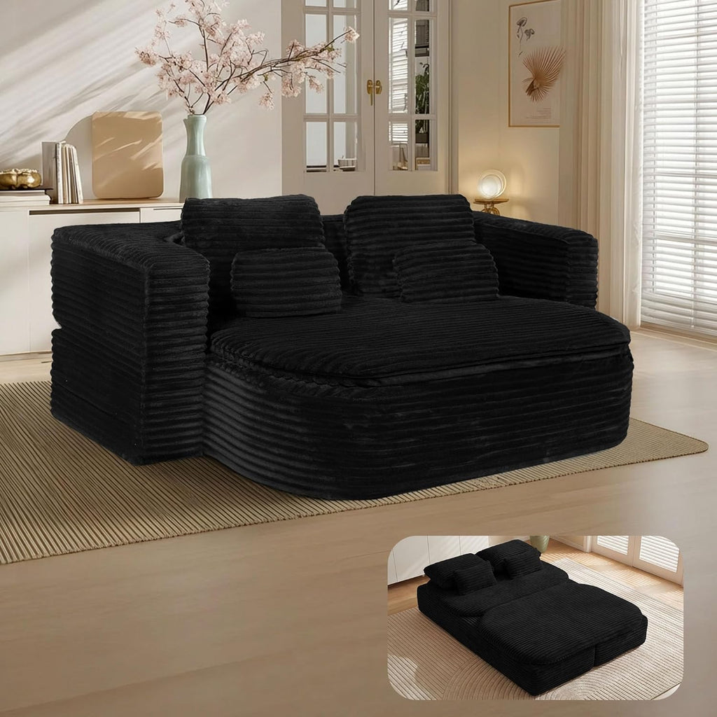 75'' Folding Sleeper Sofa Bed, Convertible Memory Foam Boneless Couch, Foldable Full Size Guest Bed, Modern 2-in-1 Futon Floor Sleeper Sofa with 4 Pillows and Blanket (Corduroy, Black)