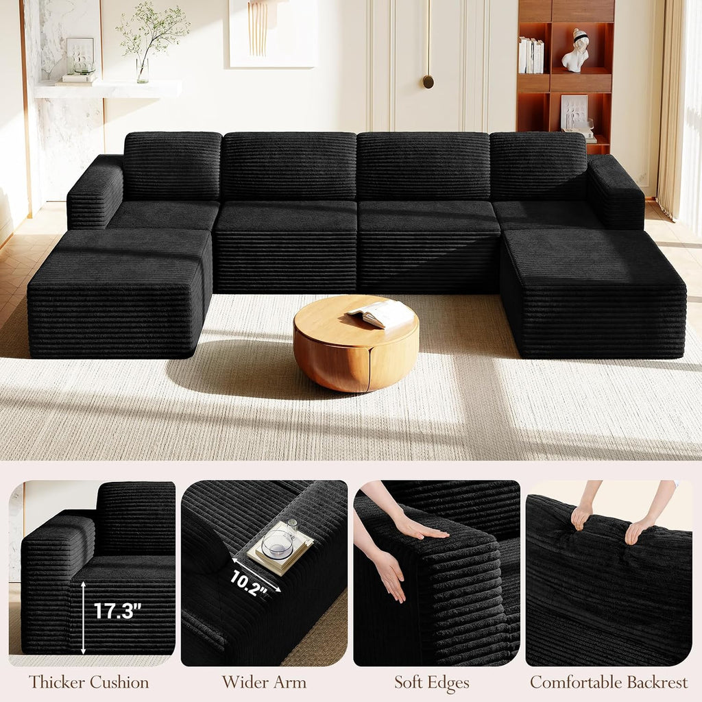 Vesgantti 159' Large Modular Sectional Sofa, U-Shaped Corduroy Cloud Couch with Deep Seats & Spring Support, 4-Seater Boneless Sofa with 2 Movable Ottomans, No Assembly Needed, Black