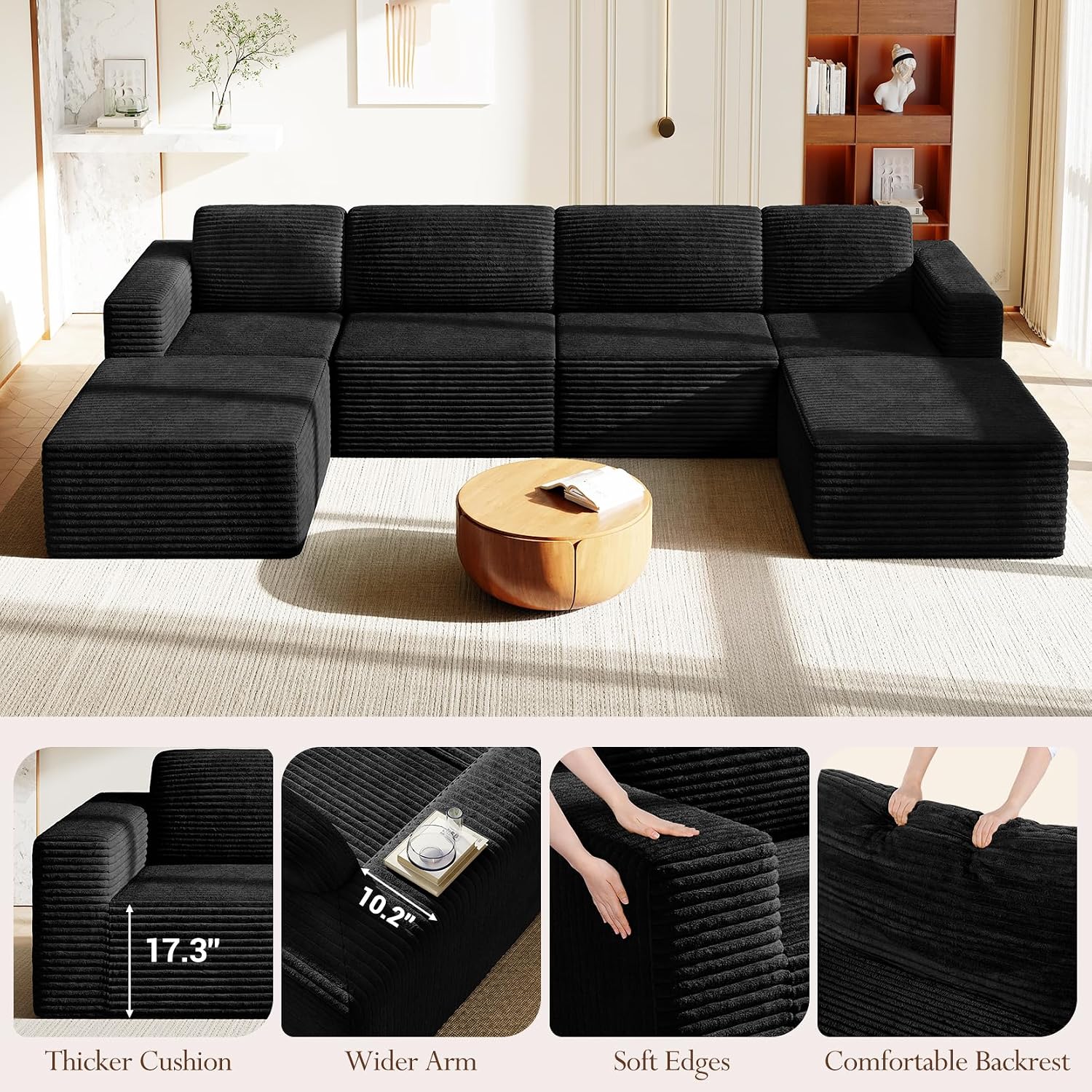 Vesgantti 159' Large Modular Sectional Sofa, U-Shaped Corduroy Cloud Couch with Deep Seats & Spring Support, 4-Seater Boneless Sofa with 2 Movable Ottomans, No Assembly Needed, Black