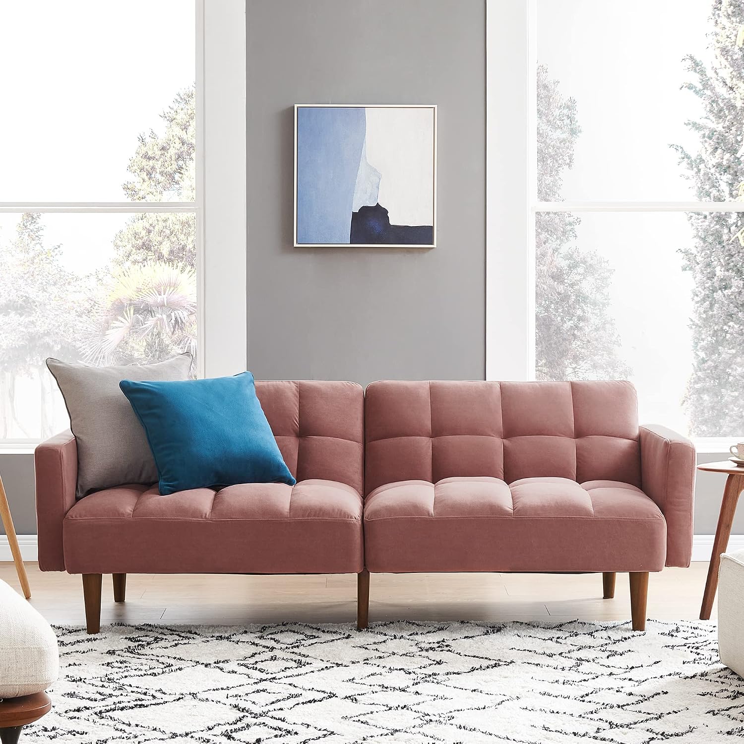 mopio Aaron 76.8' Couch, Small Futon Sofa Bed, Sleeper, Loveseat, Mid Century Modern Futon Couch, Sofa Cama, Couches for Living Room, Bedroom (Old Rosa, Velvet)