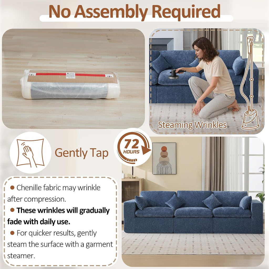 115''Cloud Boneless Sectional Couch, Modular Sectional Sofa Deep Seat, Oversized Upholstered Convertible Comfy 3 Seater Chenille Memory Foam Sofa Couches for Living Room, Blue