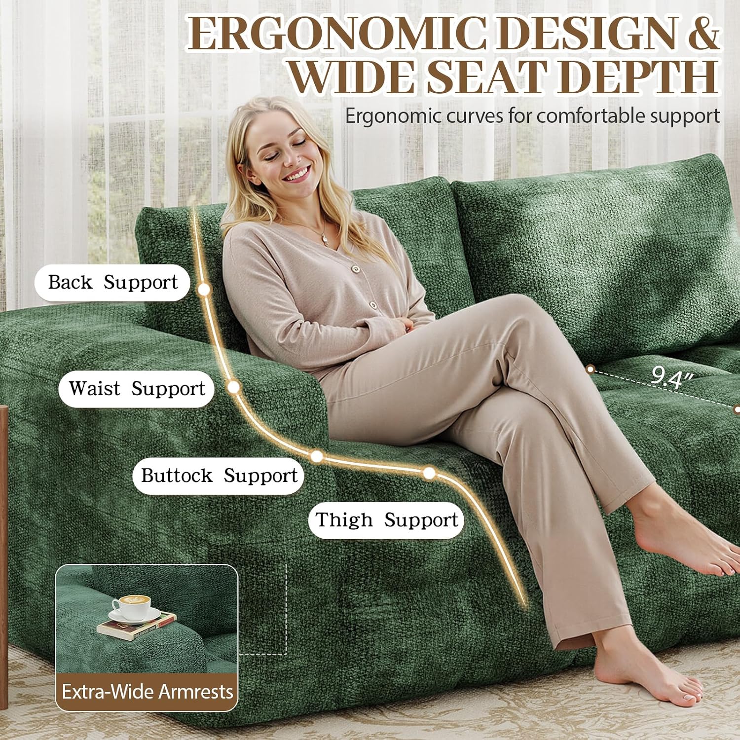 EROMMY 76'' Boneless Couch, 3 Seater Cloud for Living Room, Oversize Loveseat Sofa with Wide Armrest and 2 Back Support, No Assembly Required Chenille Soft Sofa, Dark Green