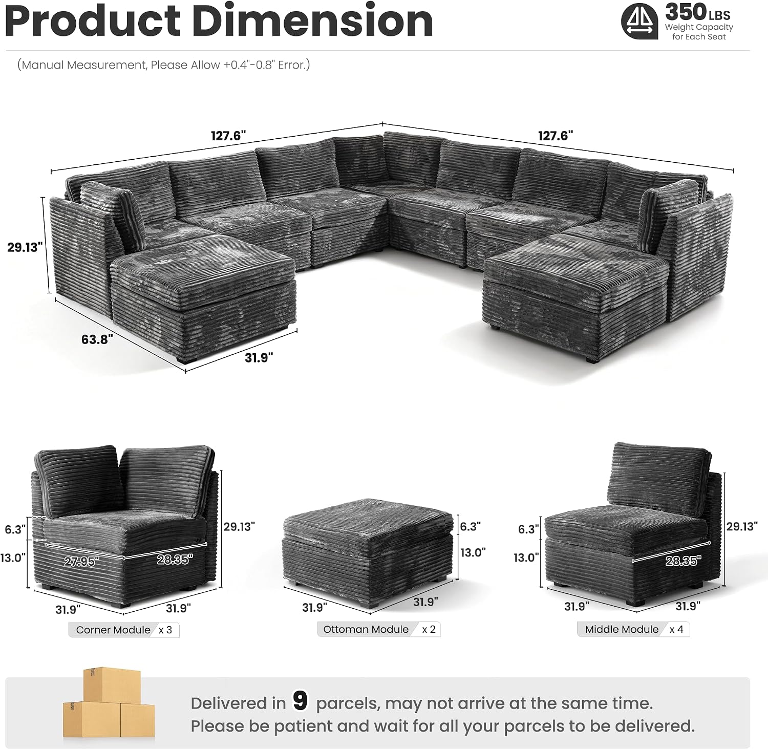 ovios Modular Sectional Sofa Couch with U-Shape Chaise Ottomans, Comfy Plush Corduroy Cloud Couches, Modern Deep Seat Sofas Set for Living Room, 9-Seater, Grey