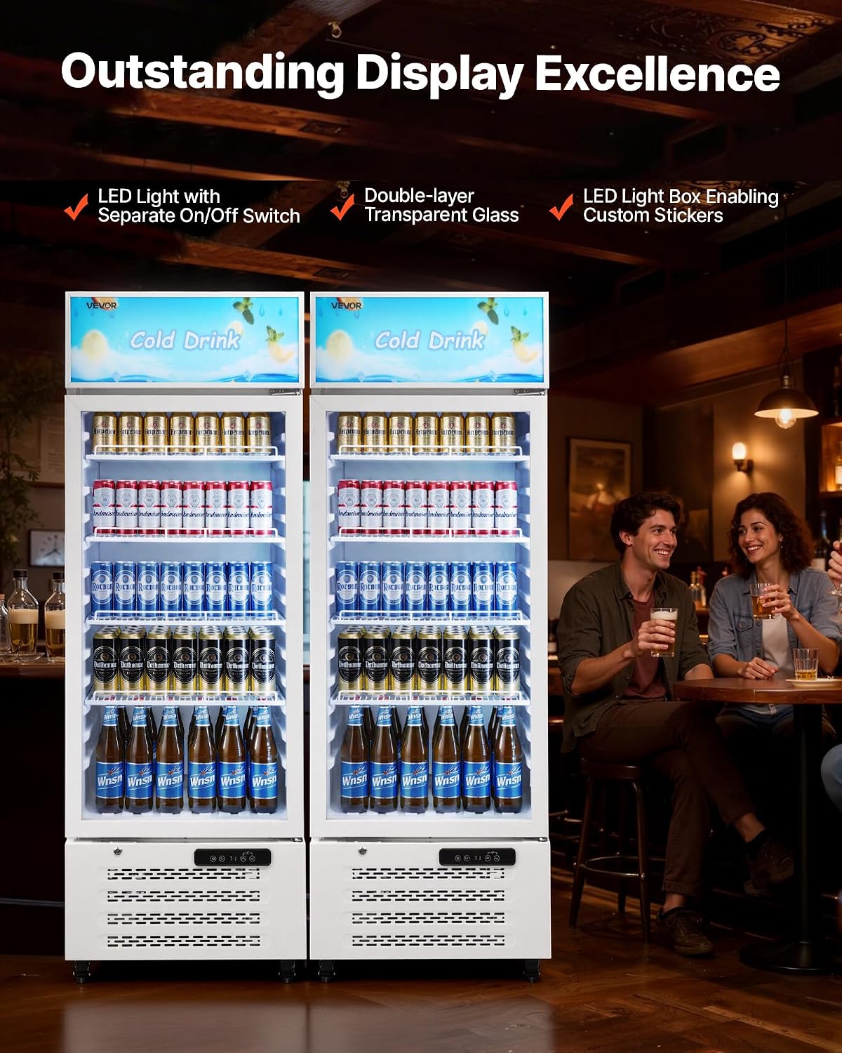 VEVOR Commercial Merchandiser Refrigerator, 9.6 Cu.Ft / 273 L Glass Door Display Refrigerator, Upright Beverage Cooler with Customizable Lightbox, 4 Adjustable Shelves & Soft LED Light for Homes Shops