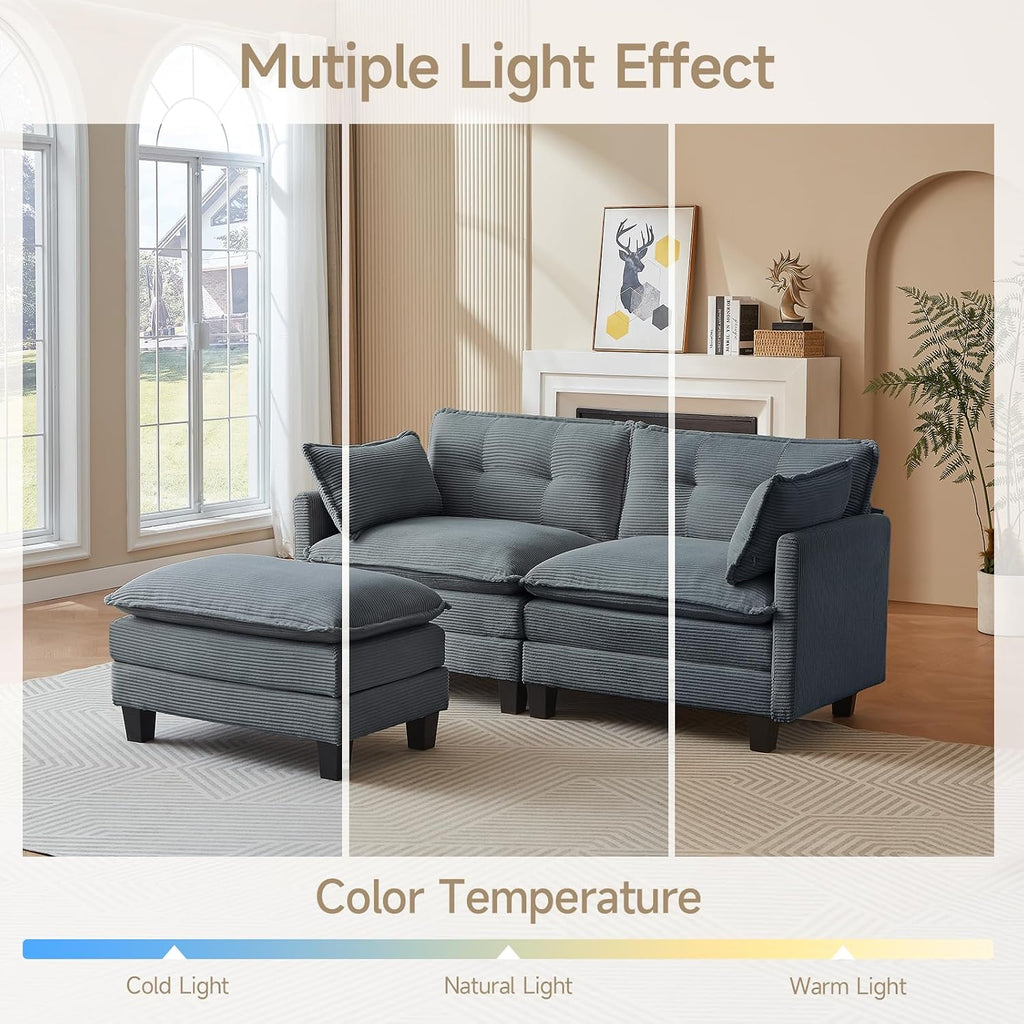 Amsleekey Modular Sectional Sofa, 76.5' L-Shaped Corduroy Comfy Sectional Couches for Living Room, 2-Seater Cloud Couches with 1 Movable Ottoman, Flexible Combination Modern Deep Seat Sofa (Grey)