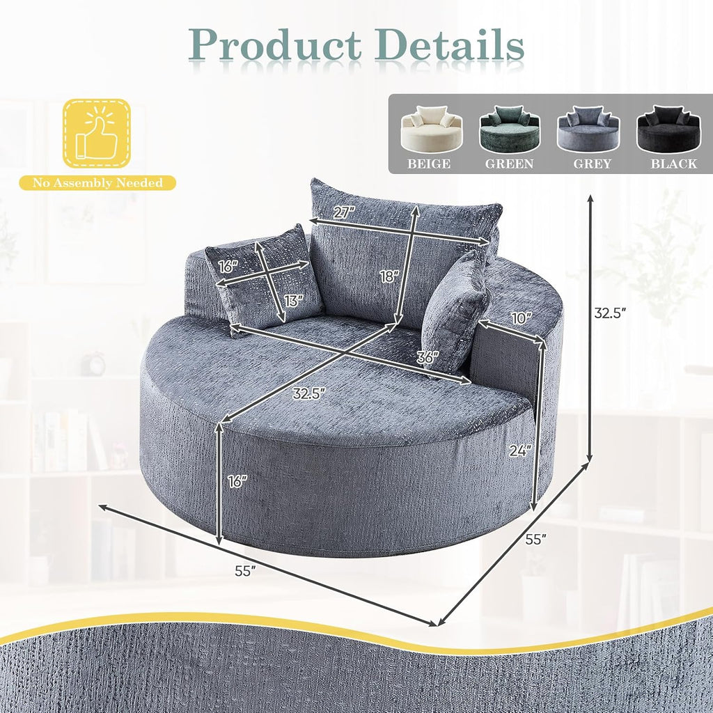 Oversized Round Chaise Longue Chair Indoor, Modern 55-inch Upholstered Chenille Deep Seat Circle Single Cloud Lounge Floor Sofa Chair for Living Room, Bedroom Apartment, Grey