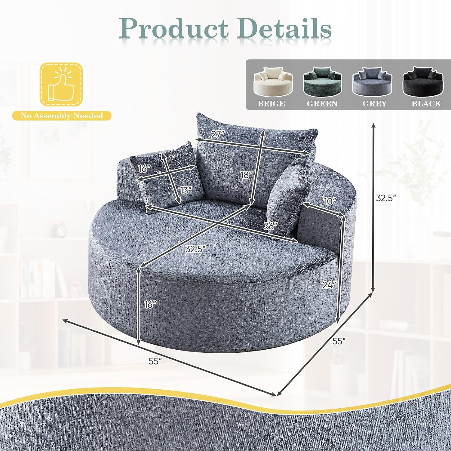 Oversized Round Chaise Longue Chair Indoor, Modern 55-inch Upholstered Chenille Deep Seat Circle Single Cloud Lounge Floor Sofa Chair for Living Room, Bedroom Apartment, Grey