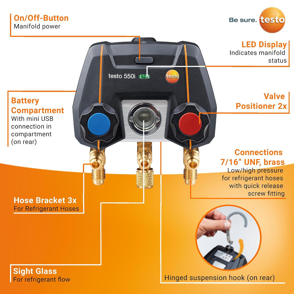 Testo 550i AC Manifold Gauge Set – Manifold Gauges & Refrigeration – Incl. 1x 552i Micron Gauge & 2x 115i Pipe Clamp For Air Conditioning, Refrigeration Systems & Heat Pumps – Bluetooth – App Operated