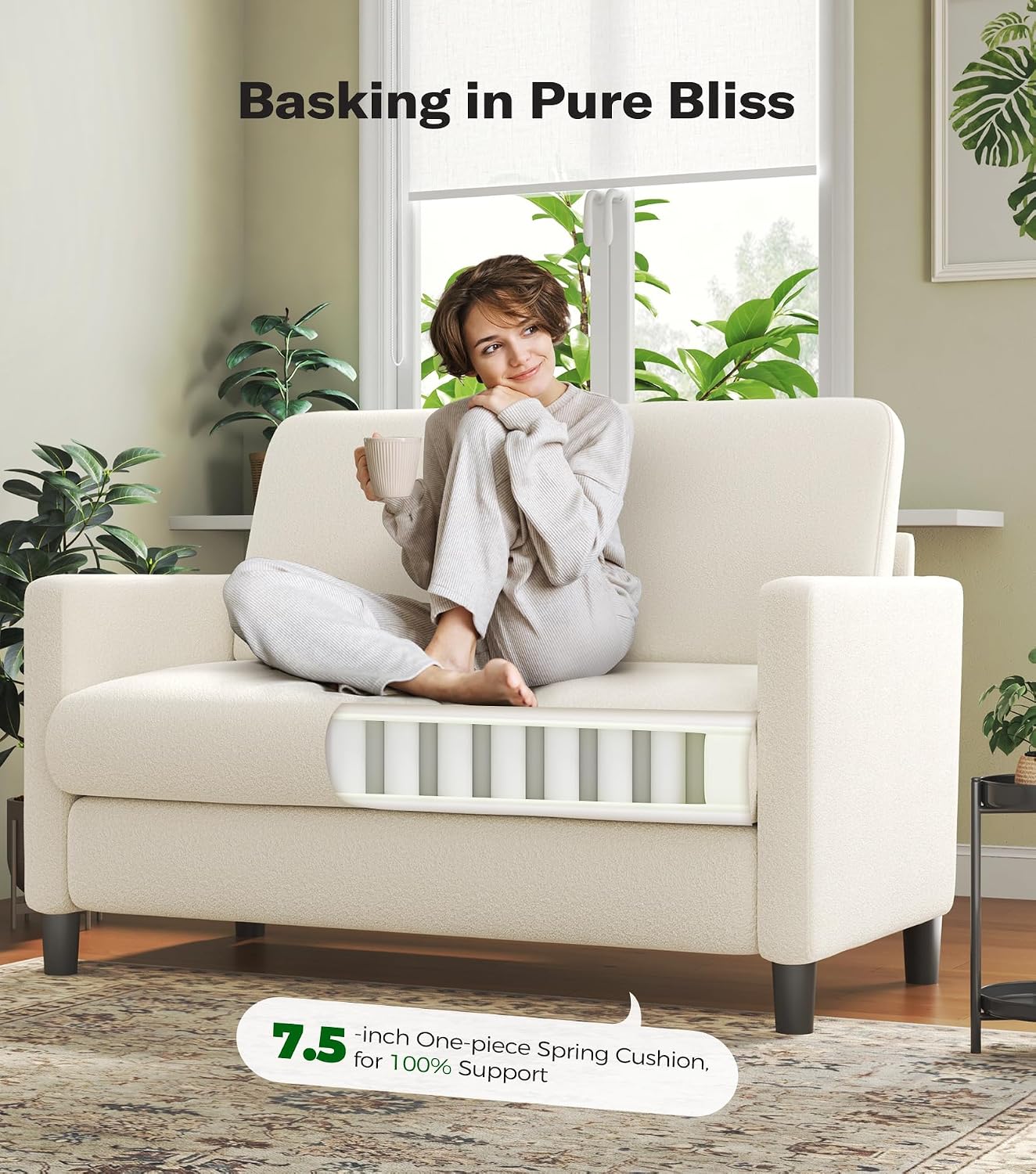 Welzona Loveseat, 51' Small Couch, Comfy Teddy Love Seat for Living Room, Tool-Free Setup Loveseat Sofa for Small Spaces, All-Wood Small Sofa Couch for Bedroom, Cream White