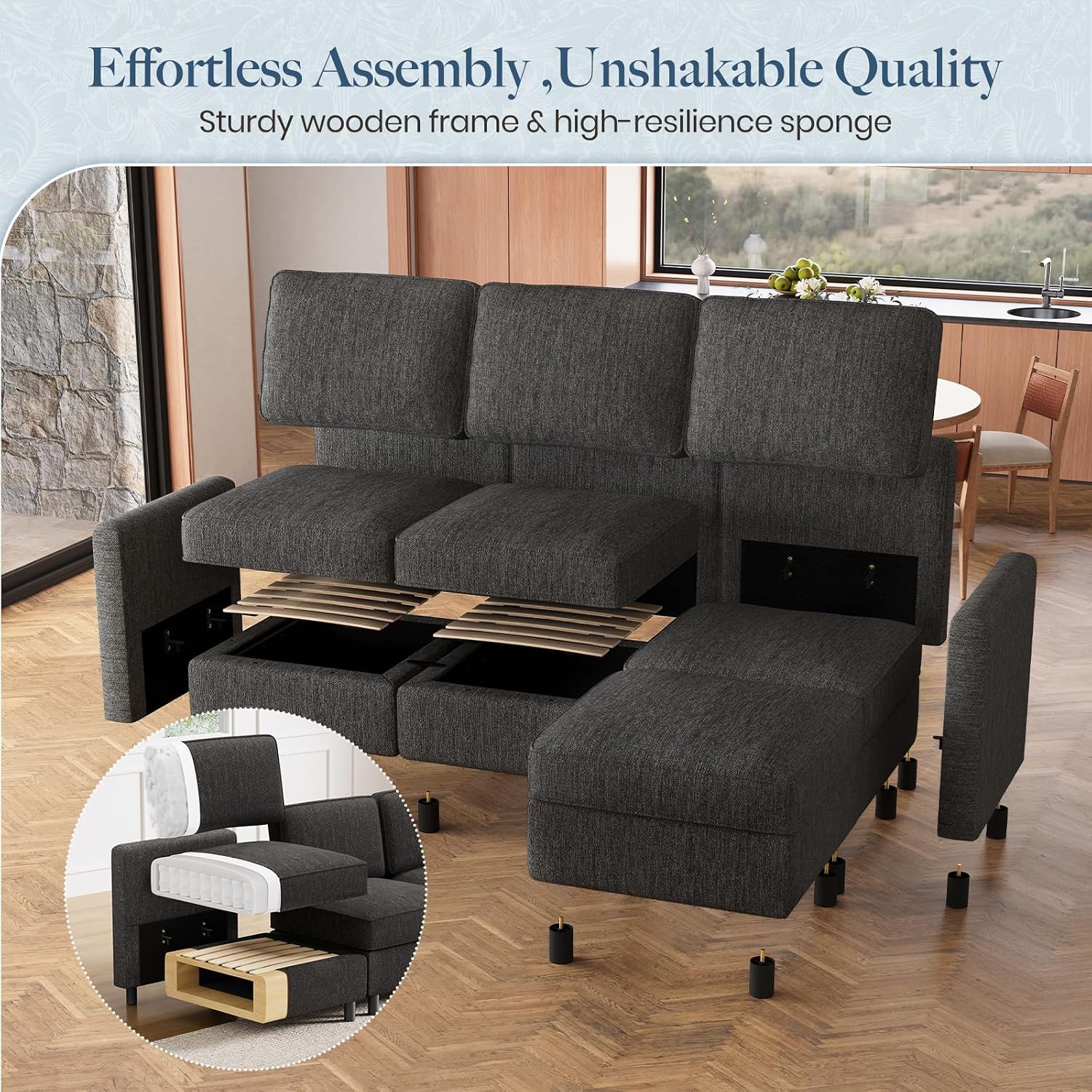 Belffin 84.3' 4 Seats L Shaped Couch Modular Sectional Sofa Washable Sectional Couches for Living Room Comfy Couches with Storage Seat Couch Sofas with Chaise,Dark Grey