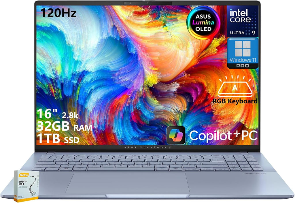 ASUS Vivobook S16 AI PC Laptop | 16' 2.8k OLED 120Hz | Intel Core Ultra 9 285H | 32GB RAM 1TB SSD | RGB Backlit for Creator Designer Business Professional Win11 Pro w/DLCA Accessory