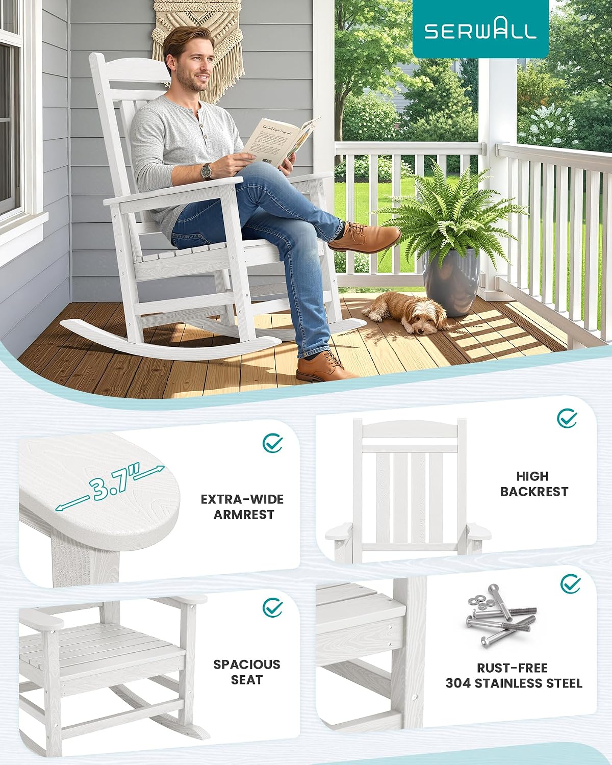 SERWALL Oversized Outdoor Rocking Chairs Set of 6, Oversized HDPE Porch Rockers for Adults, All-Weather Composite Patio Rocking Chairs, White