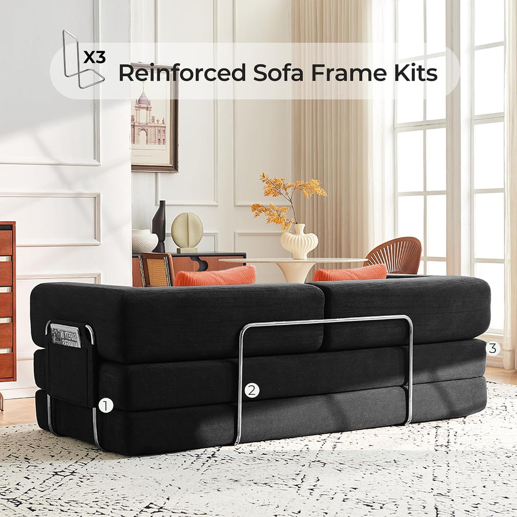Carzzi-Life 79' Convertible Sofa Bed with Pillows, Corduroy Folding Sleeper Sofa with Fixed-Shape Frame, Boneless Couch for Living Room Bedroom, Floor Sofa Lounge No Assembly Required (Grey)