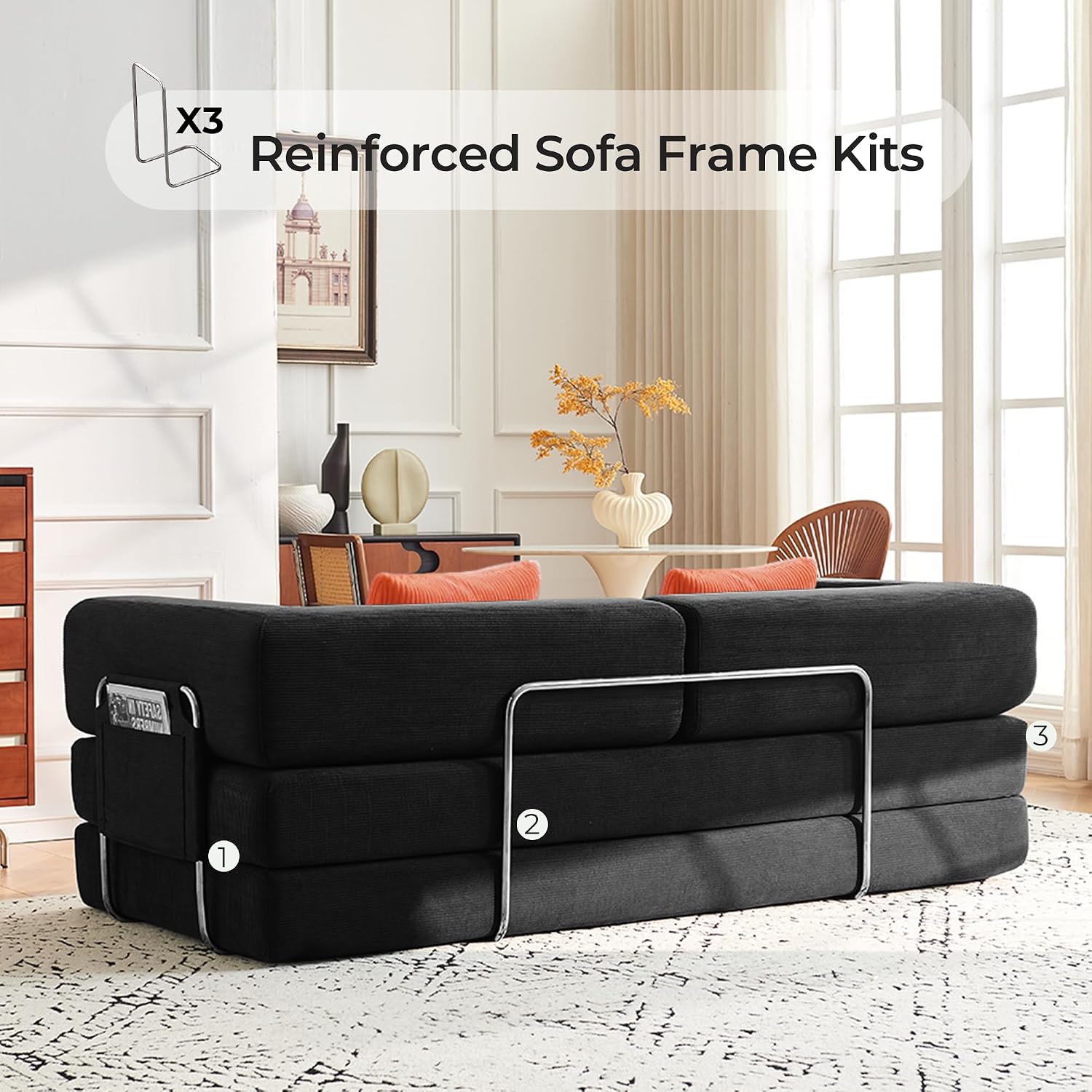Carzzi-Life 79' Convertible Sofa Bed with Pillows, Corduroy Folding Sleeper Sofa with Fixed-Shape Frame, Boneless Couch for Living Room Bedroom, Floor Sofa Lounge No Assembly Required (Grey)