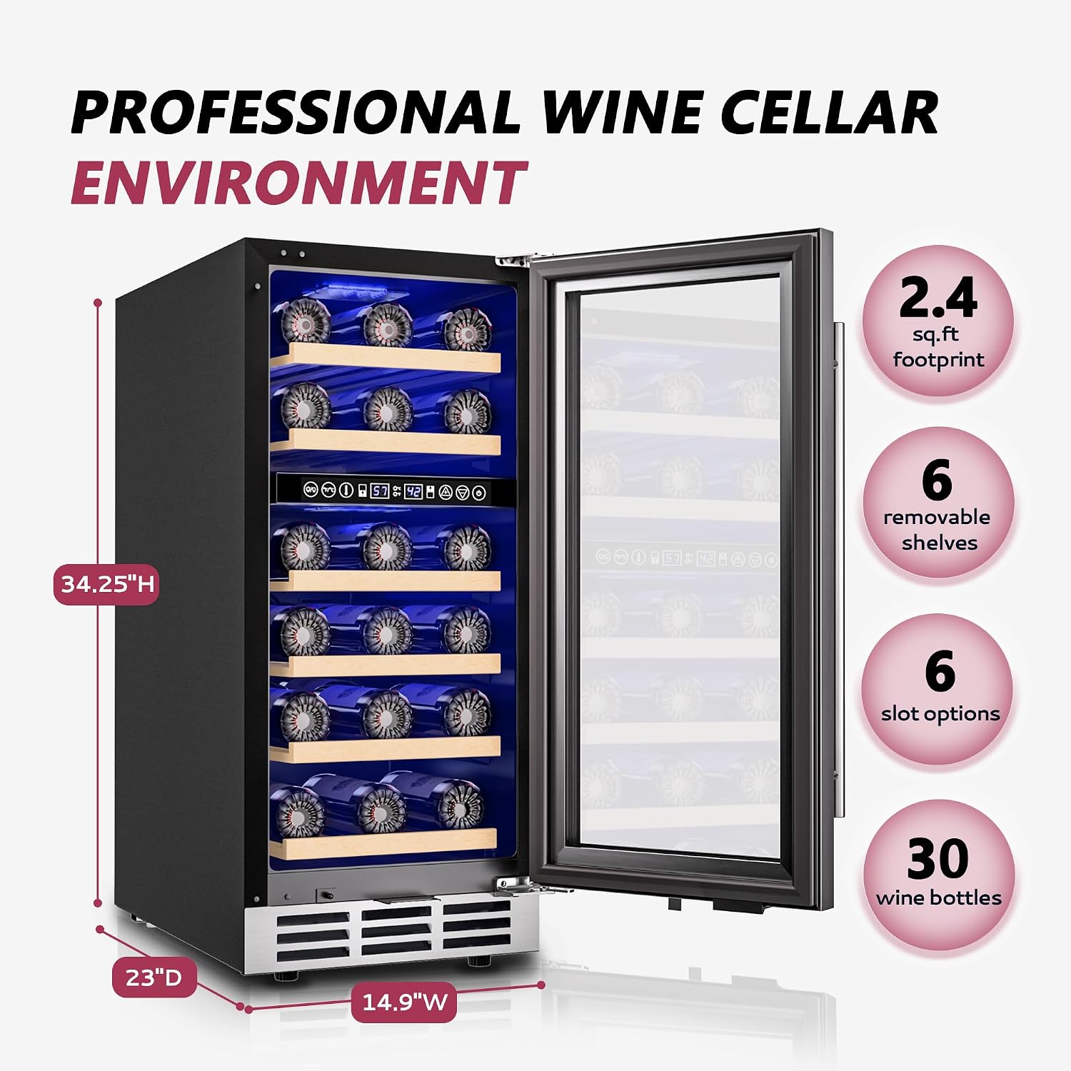 Icyglee 15 Inch Dual Zone Wine Fridge, 30 Bottles Under Counter Wine Cooler Refrigerator with Double-Layer Glass Door for Home Office Bar, Built-in Wine Refrigerator with security lock,40-65°F