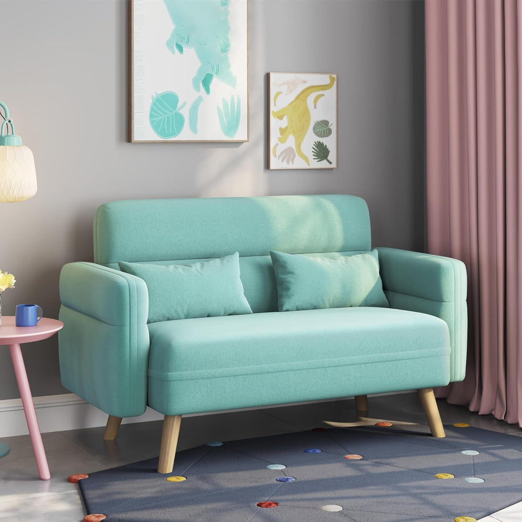 Yaheetech 46' Small Modern Fabric Sofa Loveseat Mid Century 2 Seater Sofa Couch with Lumbar Pillows, Solid Wood Legs for Living Room, Small Space, Dorm, Office, Bedroom, Aquamarine