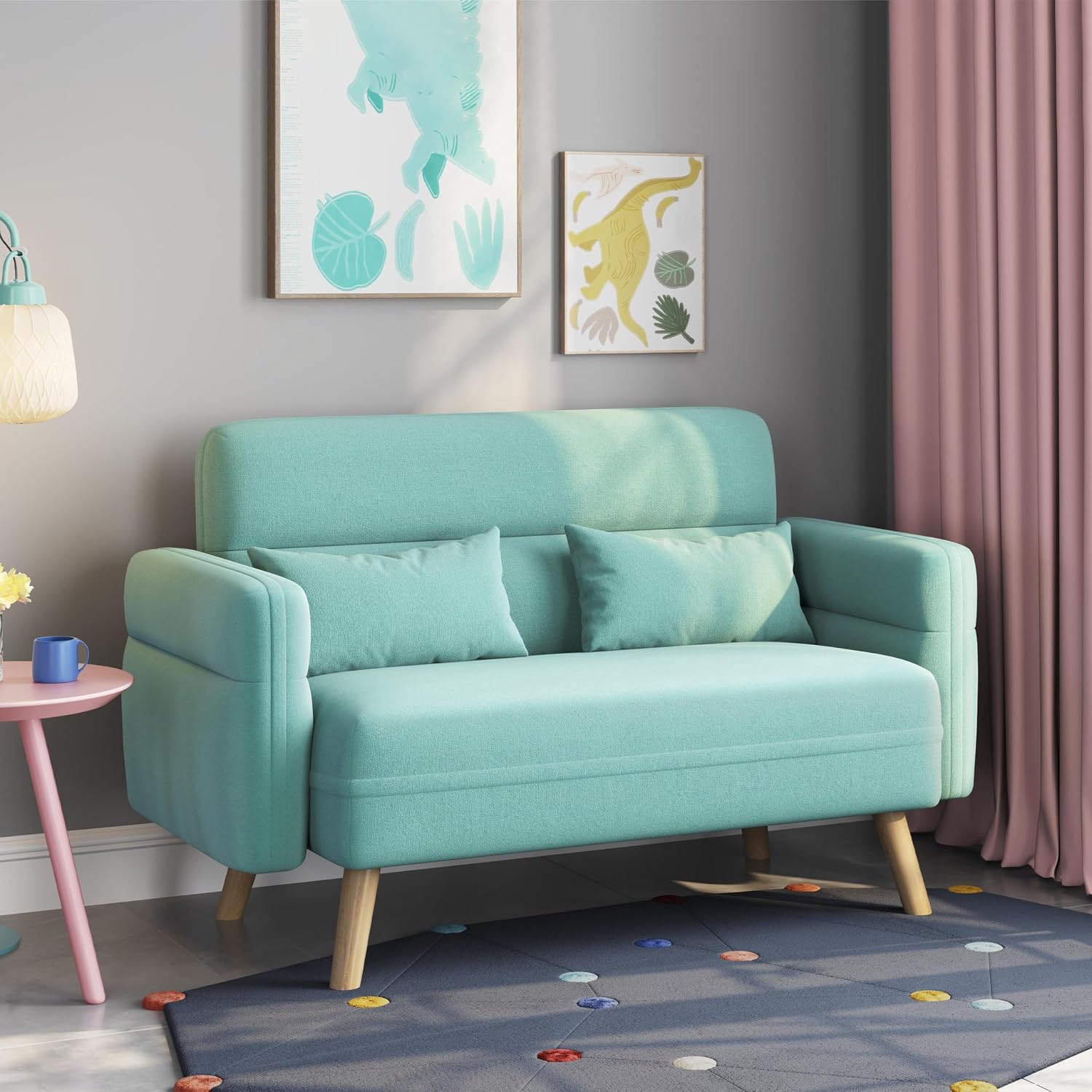 Yaheetech 46' Small Modern Fabric Sofa Loveseat Mid Century 2 Seater Sofa Couch with Lumbar Pillows, Solid Wood Legs for Living Room, Small Space, Dorm, Office, Bedroom, Aquamarine