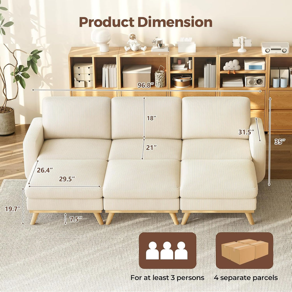 Vesgantti 97' Modular Sectional Sofa Beige, Sectional Couch with Movable Ottoman, Comfy Corduroy Couch with Spring Cushion, Modular Sofa with Deep Seat for Living Room, Bedroom and Apartment