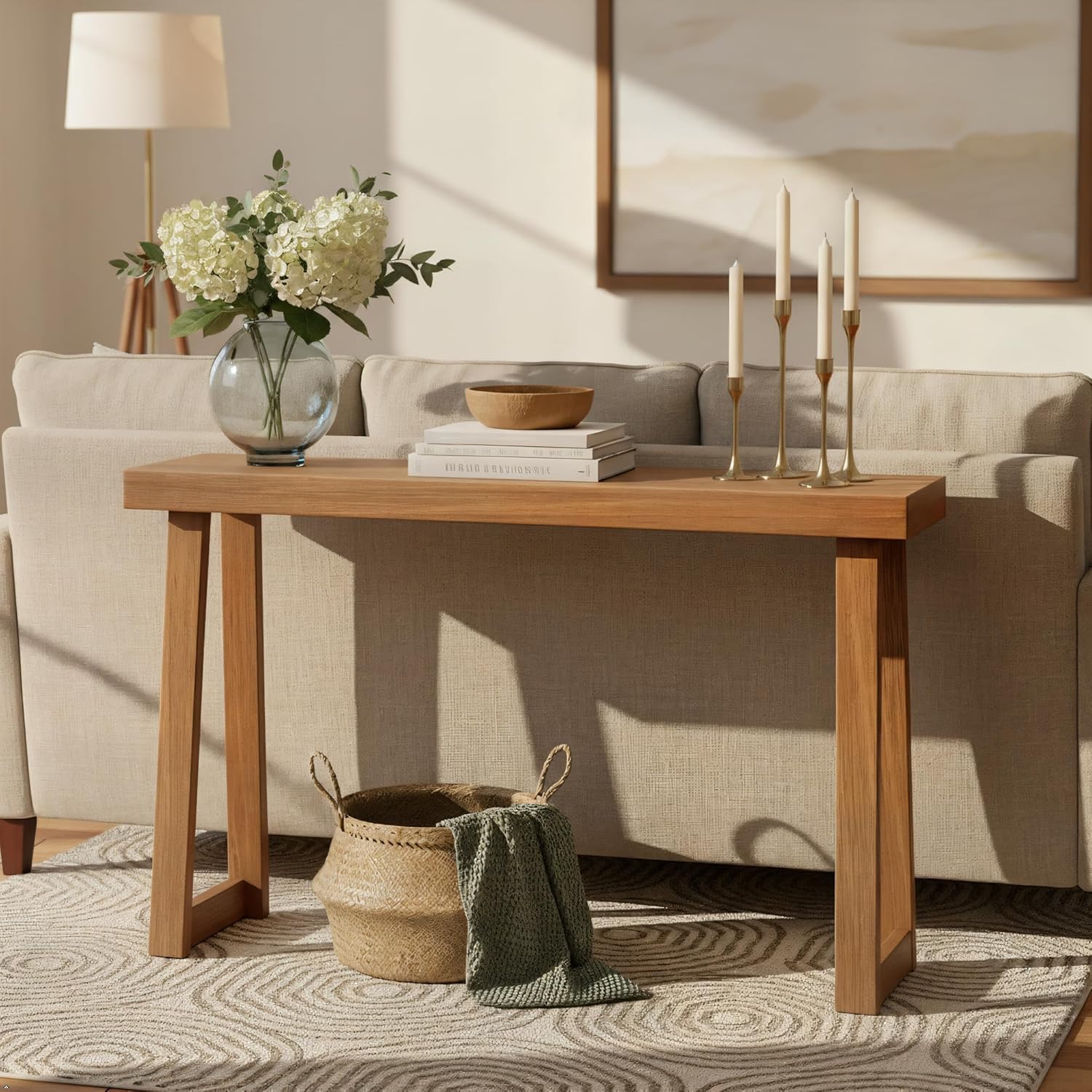 Plank+Beam Solid Wood Console Table, 56 Inch, Sofa Table, Narrow Entryway Table for Hallway, Behind The Couch, Living Room, Foyer, Easy Assembly, Pecan